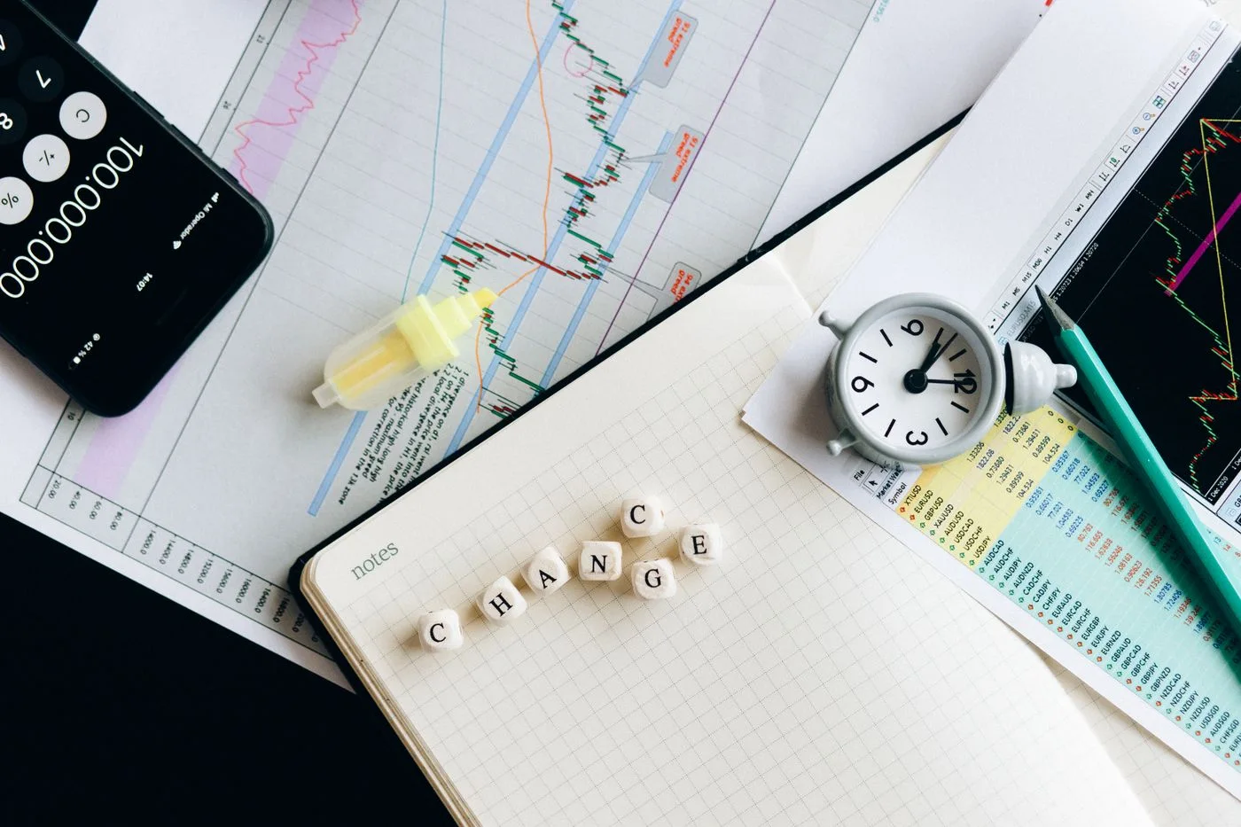 Top view of financial documents with charts, calculator, clock, and the word 'Change' in focus.